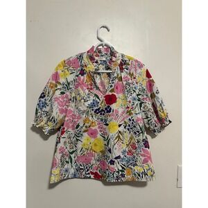 Avara Floral Ruffle Neck Puff Sleeve Cotton Blouse White Multicolor XS